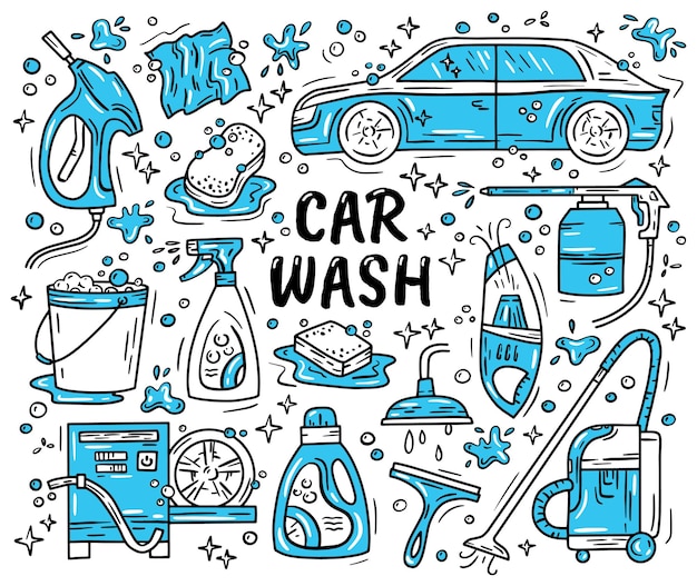 Lavage De Voiture Et Ensemble D'icônes Detaling Dans Le Style Doodle