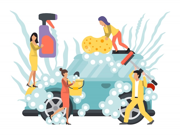 Lavage De Voiture, Libre-service. Les Gens Laver Les Voitures. Nettoyage Des Services Aux Entreprises Automobiles