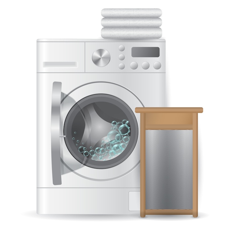 Vecteur lave-linge automatique ouvert réaliste avec des serviettes de serviettes lumineuses