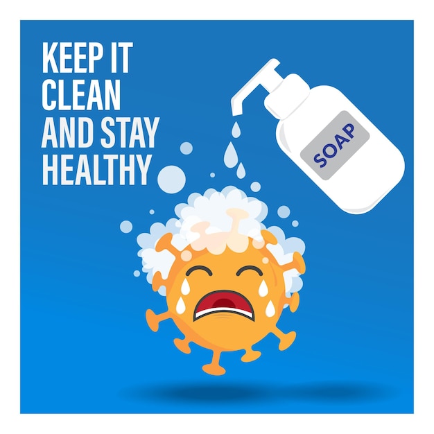 Vecteur laver l'illustration du coronavirus qui pleure avec un fond bleu gardez-le propre et restez en bonne santé