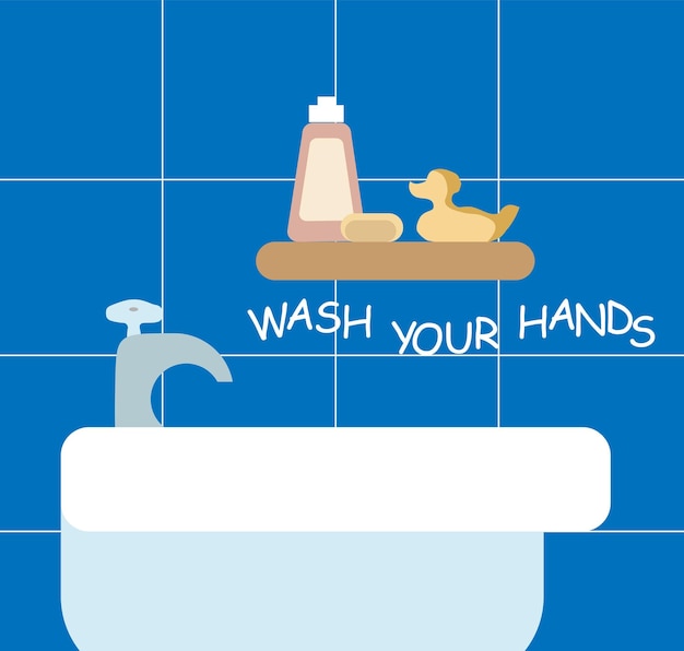 Lavez-vous Les Mains Ensemble De Salle De Bain à Plat Pour Illustration Vectorielle Enfantine