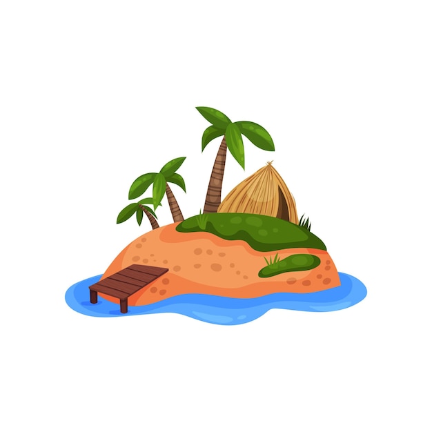 Île tropicale sablonneuse avec palmier et paille bungalow vector Illustration sur fond blanc