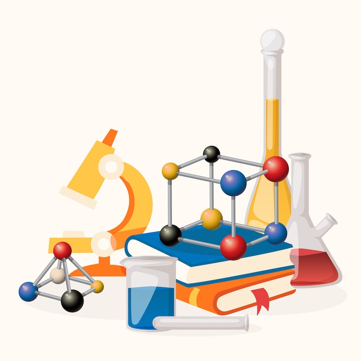 Vecteur leçon de chimie fournit des illustrations. matériel de laboratoire tel que microscope, flacons à liquide, formes de molécules. pile de bouquins.