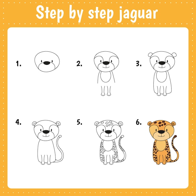 Leçon De Dessin Pour Les Enfants Comment Dessiner Jaguar Tutoriel De Dessin Avec Un Animal Drôle Répétez étape Par étape L'image Page D'art D'activité Pour Enfants Pour Livre Illustration Vectorielle