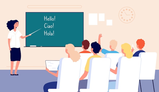 Leçon de langue. Élèves à l'école, salle de classe et enseignant au tableau. Les adultes apprennent les langues étrangères en groupe