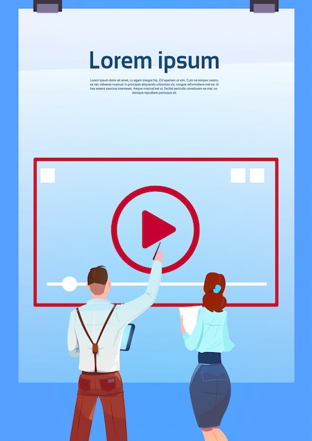 Lecteur Multimédia En Ligne Formation Concept De Flux Vidéo Vue Arrière Les Gens D'affaires Pointant Des Vidéoblogs Sur Fond Bleu Copie Espace Vertical