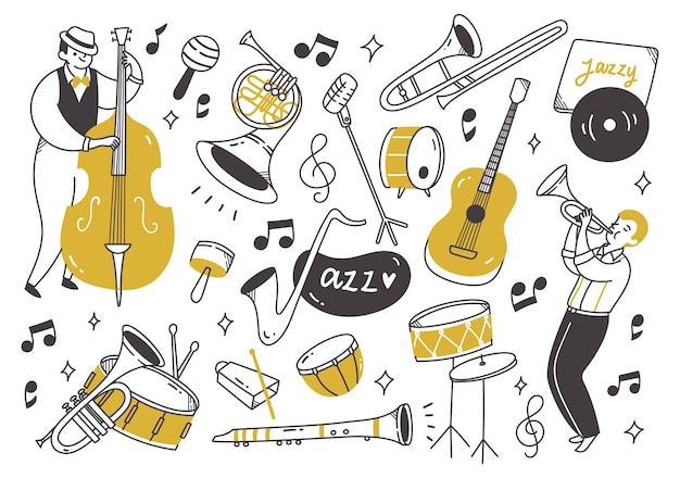 Vecteur lecteur de musique jazz avec des instruments de style doodle