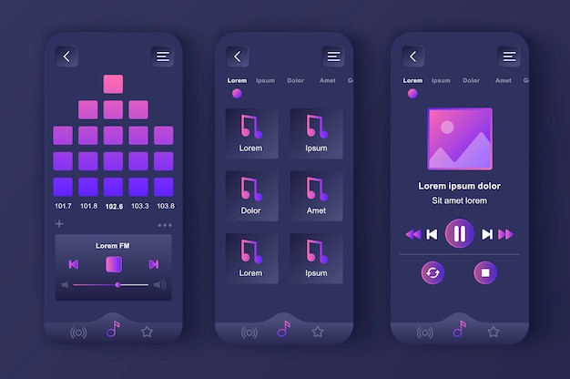 Lecteur De Musique Unique Kit Sombre Néomorphique. Application Audio Avec égaliseur Graphique, Navigation Dans Les Listes De Lecture Et écrans De Radio Fm. Interface D'écoute De Musique, Ensemble De Modèles Ux. Gui Pour Une Application Mobile Réactive.