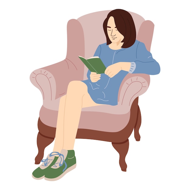 Lecture Jeune Femme Sur Un Fauteuil Fille Assise Sur Un Fauteuil Avec Livre Vector Illustration Plate Mignonne