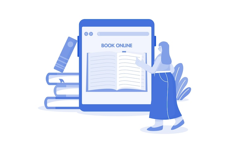Vecteur lecture de livres en ligne concept d'illustration sur un fond blanc