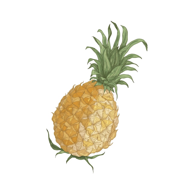 Élégant dessin réaliste d'ananas bio frais entier isolé sur fond blanc.