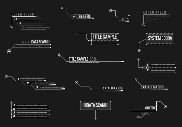 Légende, en-têtes pour infographie, publicité, production vidéo sur fond noir. Légende, illustration des en-têtes. Ensemble de modèle de cadre de science-fiction futuriste HUD. .