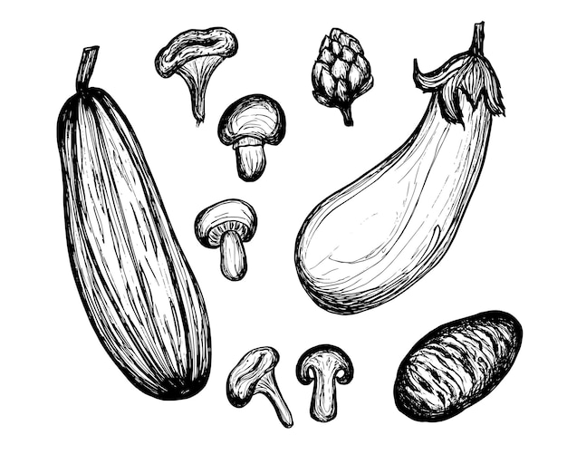 Légumes doodle set croquis dessinés à la main aubergine courge pommes de terre champignons isolés