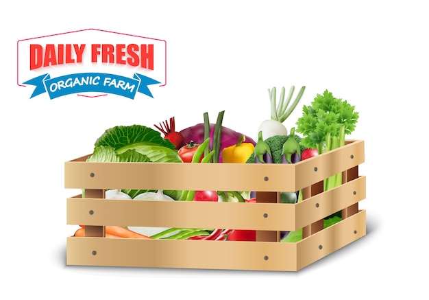 Vecteur légumes frais dans des caisses en bois