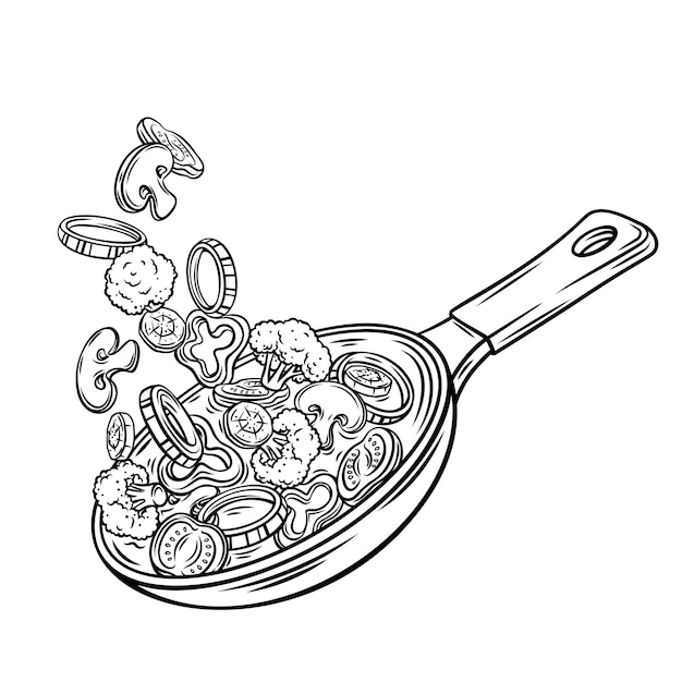 Légumes Frais Volant Dans Une Illustration Vectorielle De Contour De Casserole Dessinée. Préparer Un Repas Sain. Tranches De Carottes, Brocolis, Champignons, Oignons, Tomates Et Poivrons Tombant. Concept De Légumes Volants.