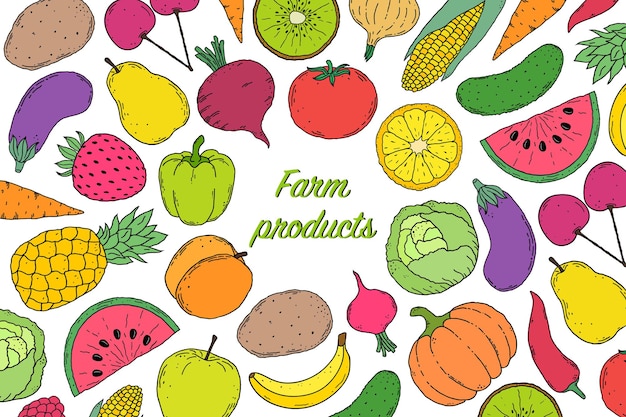 Légumes et fruits dans un style dessiné à la main