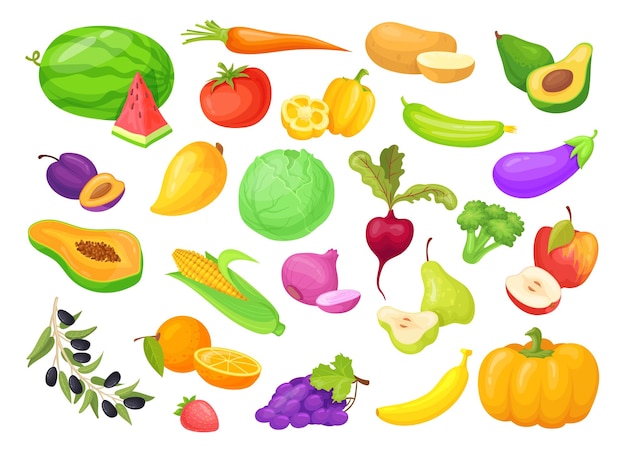 Légumes et fruits de dessins animés Produits végétaux locaux ou fruits frais Collection de baies Divers aliments végétaliens sains de saison Set d'ingrédients de repas de jardin Illustration vectorielle propre