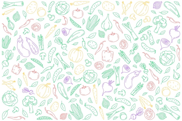 Les légumes les icônes de lignes colorées le fond l'illustration pour les arrière-plans cartes affiches bannières
