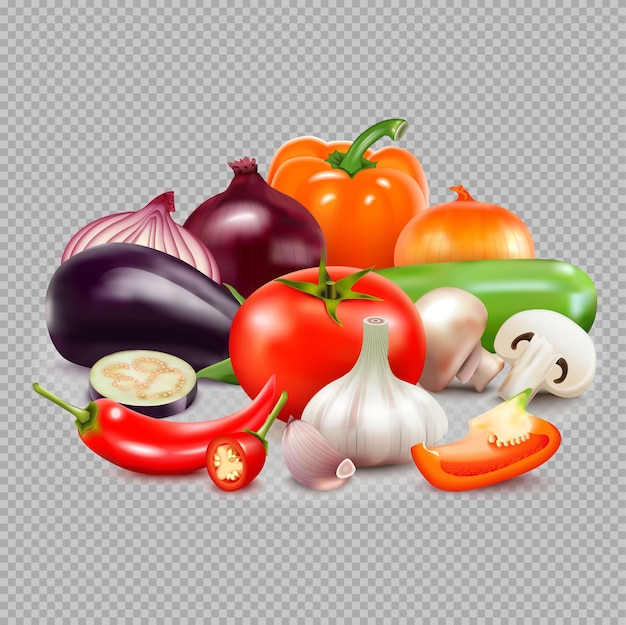 Des légumes réalistes sur fond transparent avec des oignons de tomates douces et des aubergines au piment