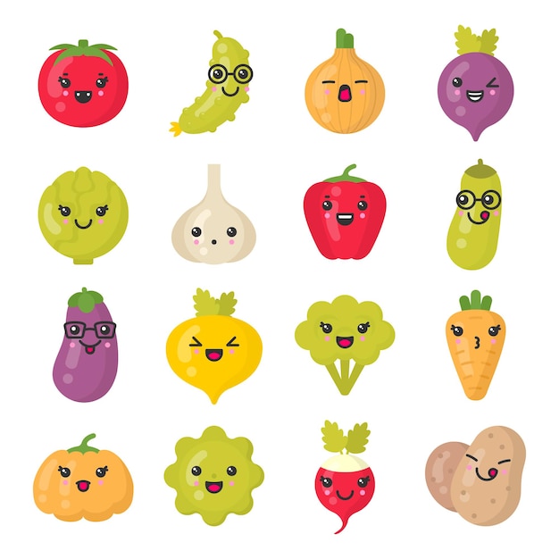 Légumes Souriants Mignons. Personnages Végétariens Kawaii. Ensemble Coloré Isolé