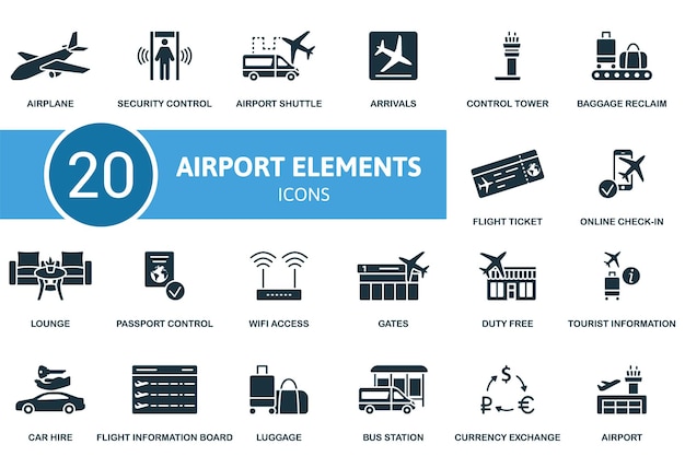 Éléments de l'aéroport définir des icônes créatives sécurité de l'avion