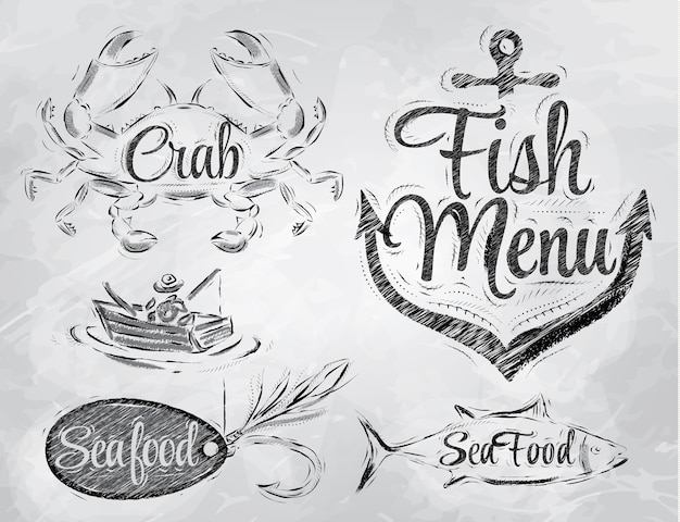 Éléments de menu de fruits de mer charbon