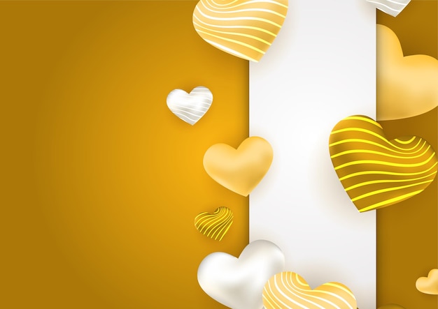 Éléments en papier en forme de coeur volant sur fond d'or. Symboles vectoriels d'amour pour les femmes heureuses, la fête des mères, la Saint-Valentin, la conception de cartes de voeux d'anniversaire