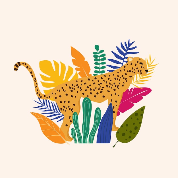 Vecteur léopard et feuilles tropicales affiche fond illustration vectorielle