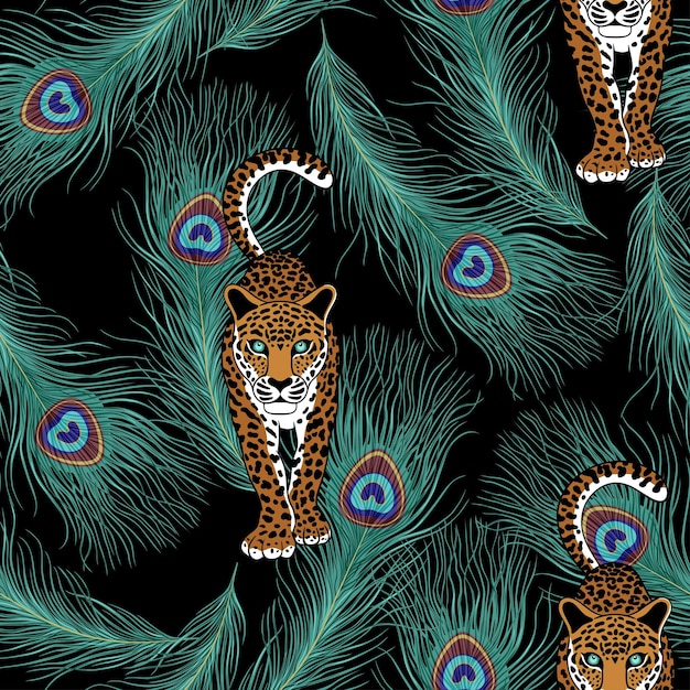 Léopard et plume de paon Modèle sans couture exotique Illustration de la faune