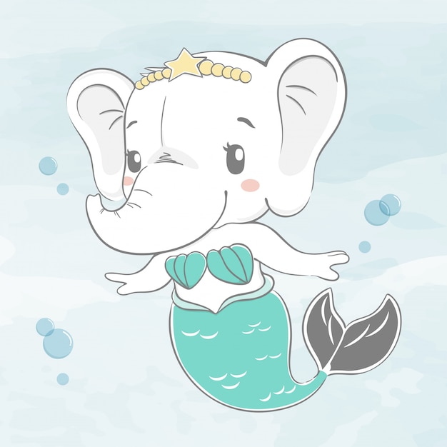 Éléphant mignon bébé déguisé en illustration de dessin animé de couleur aquarelle sirène