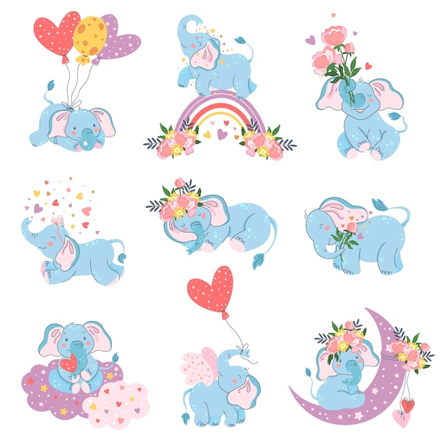 Éléphants amoureux Éléphant animal mignon romantique avec des formes de coeur et ensemble de vecteurs de fleurs