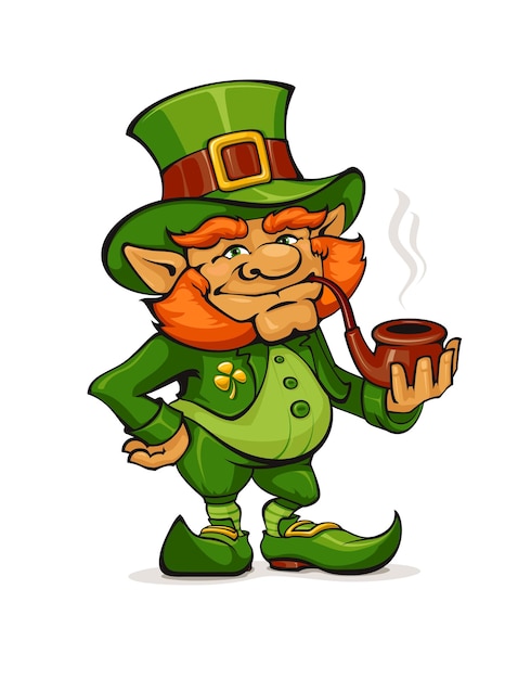 Leprechaun De Dessin Animé Portant Un Costume Vert Et Tenant Une Pipe