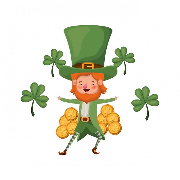 Leprechaun Avec Icône Isolé Pièce Et Trèfle