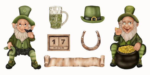 Leprechauns de la Saint-Patrick avec bière, fer à cheval, chapeau