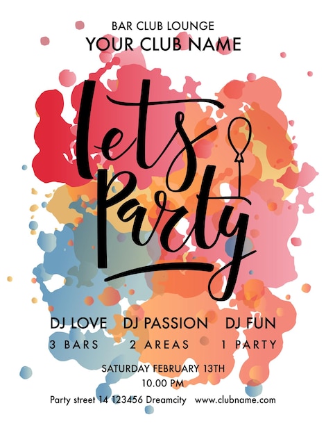 Vecteur let's party lettrage typographie. flyer du festival des couleurs. été, modèle de conception de fête de printemps. bannière summer party, flyer. lettrage pour le modèle de carte d'invitation à la fête des couleurs