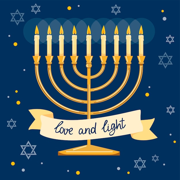 Vecteur lettrage d'amour et de lumière avec bougie traditionnelle juive menorah affiche de typographie de hanukkah