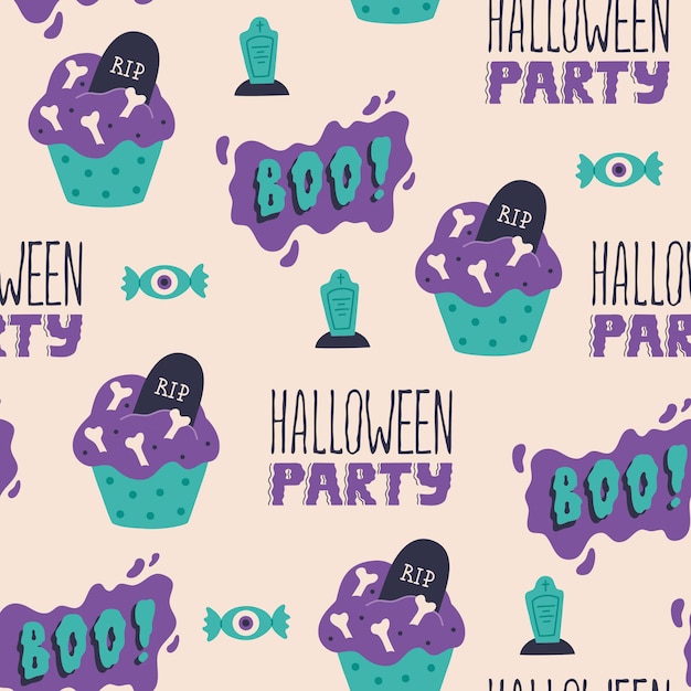 Lettrage Boo Moderne De Fête D'halloween Et Cupcake Effrayant Avec Motif Squelette Et Grave Sans Couture. Dessert Effrayant Mignon. Papier Peint Textile De Vecteur Dans Le Style De Dessin Animé Plat Doodle. Fond De Vacances Effrayant