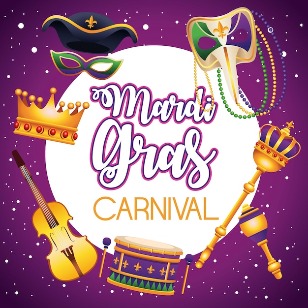 Lettrage De Carnaval De Mardi Gras Avec Des Icônes Autour De L'illustration