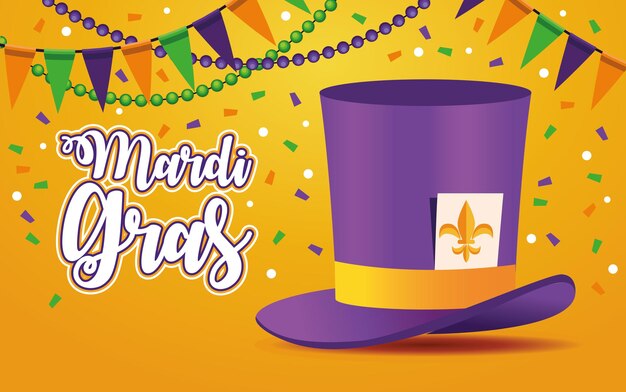 Lettrage De Carnaval De Mardi Gras Avec Tophat Et Illustration De Guirlandes