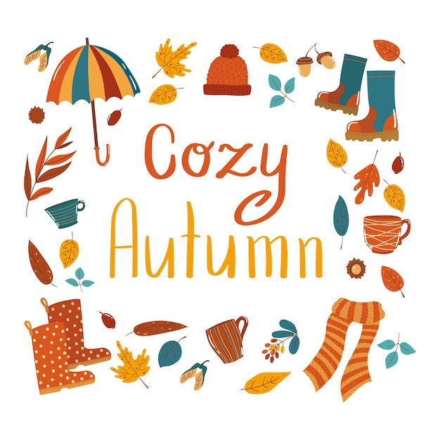 Lettrage Cosy Autumn avec des éléments automnaux et du feuillage dans un style plat