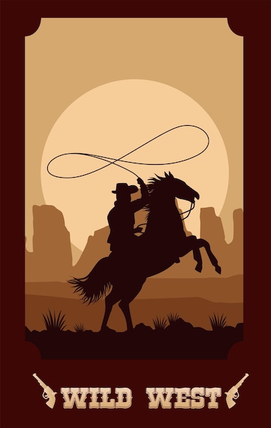 Vecteur lettrage de far west en affiche avec cowboy en lasso de cheval