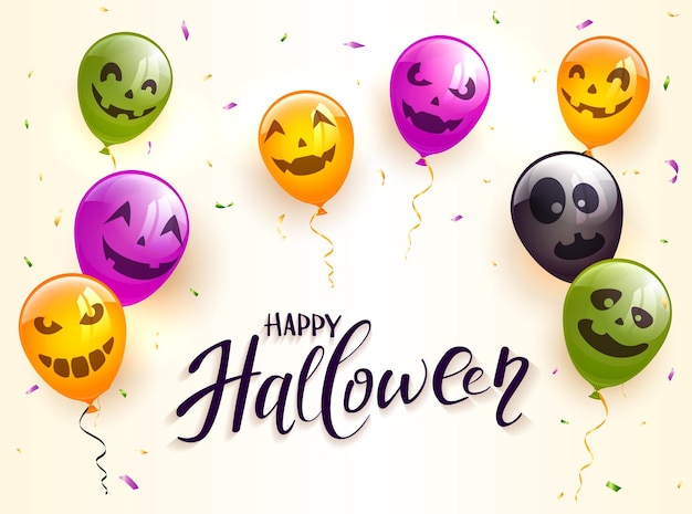 Vecteur lettrage happy halloween avec des ballons et des confettis colorés effrayants