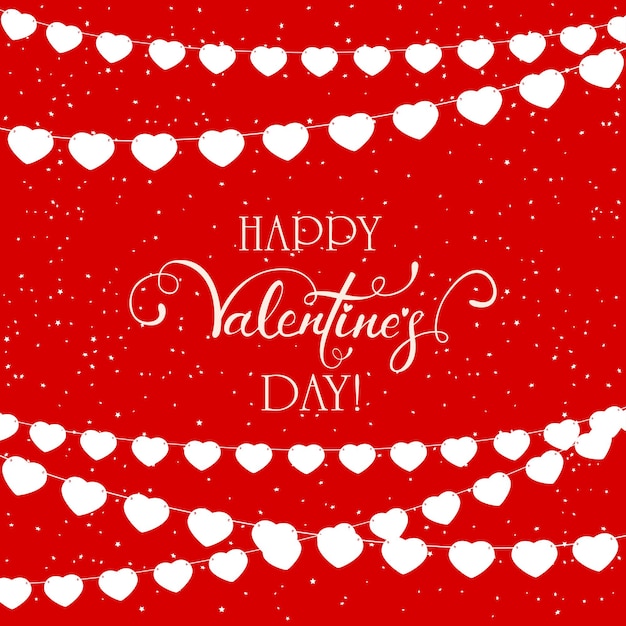 Lettrage Happy Valentines Day Sur Fond Rouge Avec Des Confettis Et Des Fanions En Forme De Coeurs, Illustration.