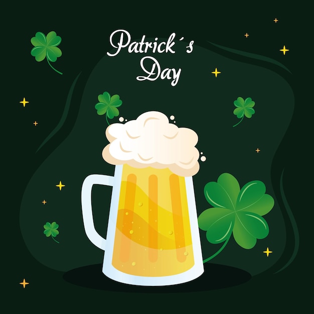 Lettrage de jour de saint patrick avec illustration de pot de bière et de trèfles