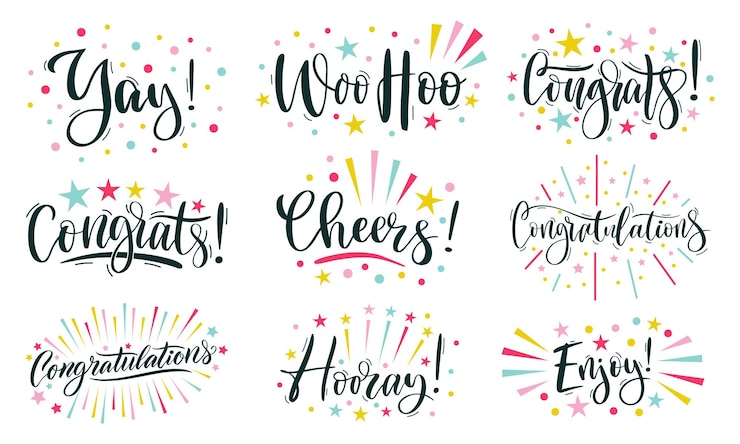 Vecteur lettrage joyeux félicitations texte acclamations et hourra inscription calligraphique félicitations profiter et woo hoo modèle avec rayons et étincelles ensemble de vecteurs