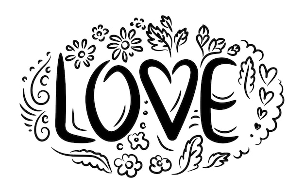 Lettrage Love Le Mot Est Décoré De Fleurs Et De Symboles Romantiques