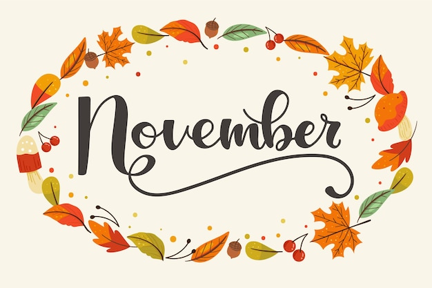 Vecteur lettrage à la main de novembre avec des feuilles d'automne décoration dessinée à la main