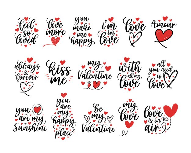 Lettrage à la main saint valentin amour coeur typographie ensemble citations calligraphie carte de saint valentin