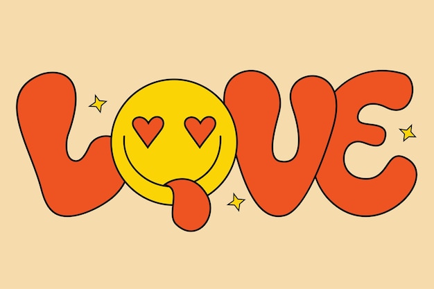 Lettrage Mignon Love Dans Un Style Groovy Positive Retro Hand écrit Avec Des Lettrages Vibes Des Années 60 70 80 90