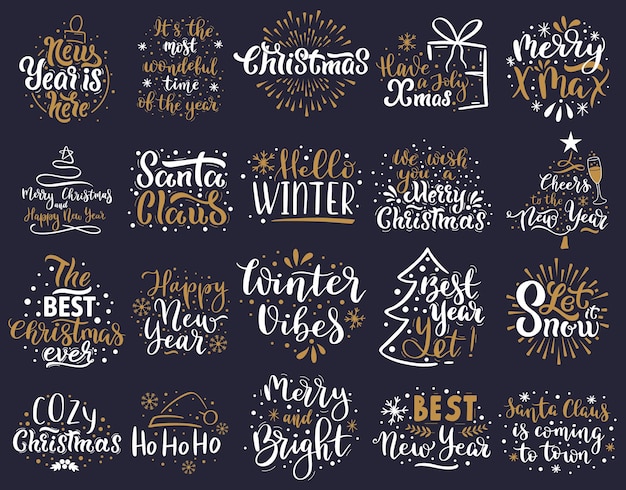 Lettrage De Noël. Bonne Année Et Joyeux Noël Voeux Lettrage Phrases Vector Illustration Set. Insignes De Lettrage De Noël Dessinés à La Main